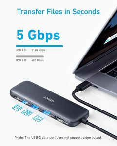 Anker mozzo <span class=keywords><strong>USB</strong></span>-<span class=keywords><strong>C</strong></span> 5-in-1 2.0 Splitter 4K Display 1x <span class=keywords><strong>alimentato</strong></span> <span class=keywords><strong>USB</strong></span>-<span class=keywords><strong>C</strong></span> 5Gbps 2x <span class=keywords><strong>alimentato</strong></span> <span class=keywords><strong>USB</strong></span>-A 3.0 5Gbps in lega di alluminio Stock modello - Product Image 4