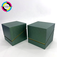 Caja de Regalo Rígida de Lujo con Tapa Abatible, Color Verde Oscuro, con Relieve y Forro Dorado, Personalizable con Logotipo, para Velas