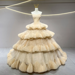 JFH53 Chic Boat Neck <b>Ruffle</b> Golden Evening Ball Gown <b>Dresses</b> For Party - Product Image 1