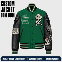 Blouson Bomber en Laine Vert et Noir Brodé Multi-Patchs Personnalisé OEM pour Hommes, Style Vintage Oversize Hip Hop Streetwear Y2K