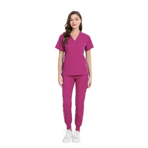 2023 Anti-Wrinkle Soft Premium Fabric Polyester Rayon Spandex Washable Nursing Scrub Set For Womens Nursing Scrub Uniforms