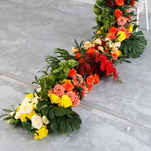 LFB2373 Hot Sale Green Leaf Colorful Rose Flower Table Runner For Wedding Decoration Hanging Flower Runner