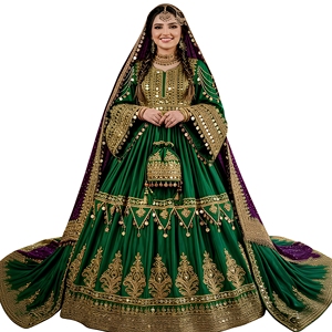 Vestido Afgano de Seda Verde, Tradicional Kuchi con Espejos, Manga Larga, Vestidos Casuales para Mujer, Corte Holgado, Estilo Folclórico, Vestido Maxi - Product Image 1