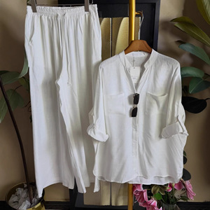 Conjunto de <span class=keywords><strong>Ropa</strong></span> para Mujer Estilo Europeo y Americano, Verano 2026, Camisa Holgada de Manga Larga y Pantalones Anchos Casuales - Product Image 4