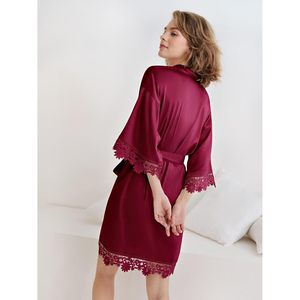 Bata de seda corta para mujer, estilo kimono, con cuello en V, manga farol, encaje satinado, para dormir, fiesta de bodas, dama de honor - Product Image 3