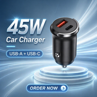 Cargador de Coche de 45W con Doble Puerto, Mini USB-C PD + USB-A QC3.0 Rojo, Adaptador de Corriente Universal para Encendedor de Cigarrillos de 12-24V