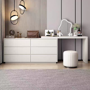 Escritorio minimalista moderno Mesa de maquillaje integrada Dormitorio Tocador de esquina de madera móvil con espejo y taburete - Product Image 2