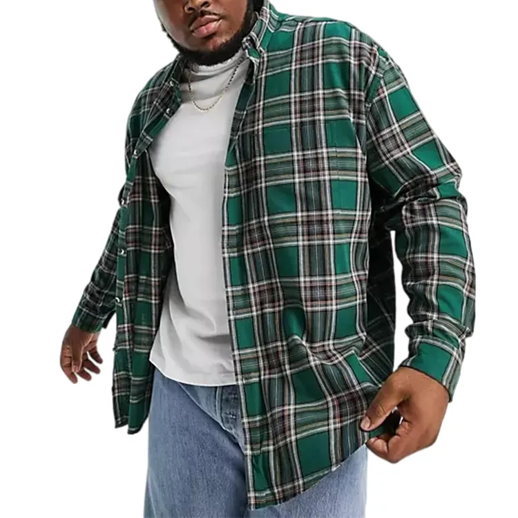 OEM plus size men flannel shirt men cotton long sleeve high quality green men plaid shirt