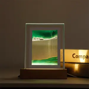 나무 프레임 동적 움직이는 모래 예술 그림 직사각형 유리 3D 모래 시계 홈 데스크탑 장식 감각 장난감