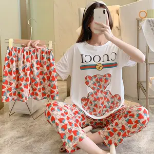Summer Women's Short Sleeve Casual Home Sleepwear Lapel Pijama Female Nightwear Women Pajamas 3 Piece Sets Plus Size For Lady