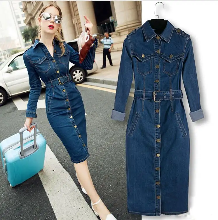 Casual fashion trend long sleeve turn down collar single breasted fall ladies jeans dresses women