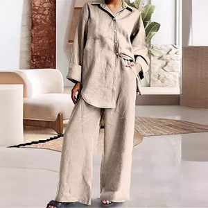 <span class=keywords><strong>Camicia</strong></span> a Maniche Lunghe in Cotone e <span class=keywords><strong>Lino</strong></span> per Donna con Pantaloni Larghi, Top con Colletto Casual per Primavera e Autunno - Product Image 3