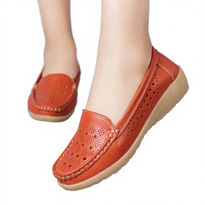 Chaussures plates décontractées d'été en cuir véritable pour femmes, antidérapantes, avec design creux en forme de haricot, semelle unique, confortables, à semelle plate - Product Image 4