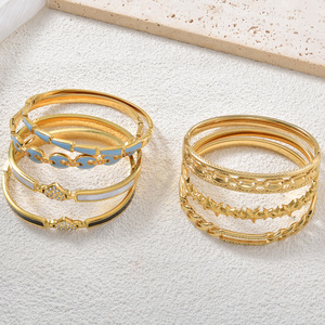 Enamel <b>Stacked</b> Bulk Wholesale 18K Gold Plated Stainless Steel Heart Design Zircon Elegant Versatile Unisex Bangle <b>Bracelet</b> Set - Product Image 5