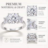 Bague de fiançailles en moissanite pour femme, en argent S925, 3 carats, taille coussin, à quatre griffes, avec trois pierres en CZ taille baguette, vente en gros