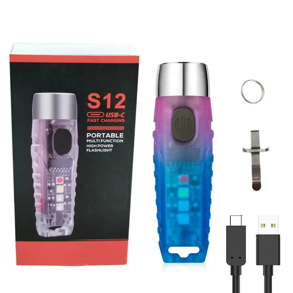 Porte-clés de secours EDC Mini lampe de poche Rechargeable multifonction à LED UV S 12 Plus