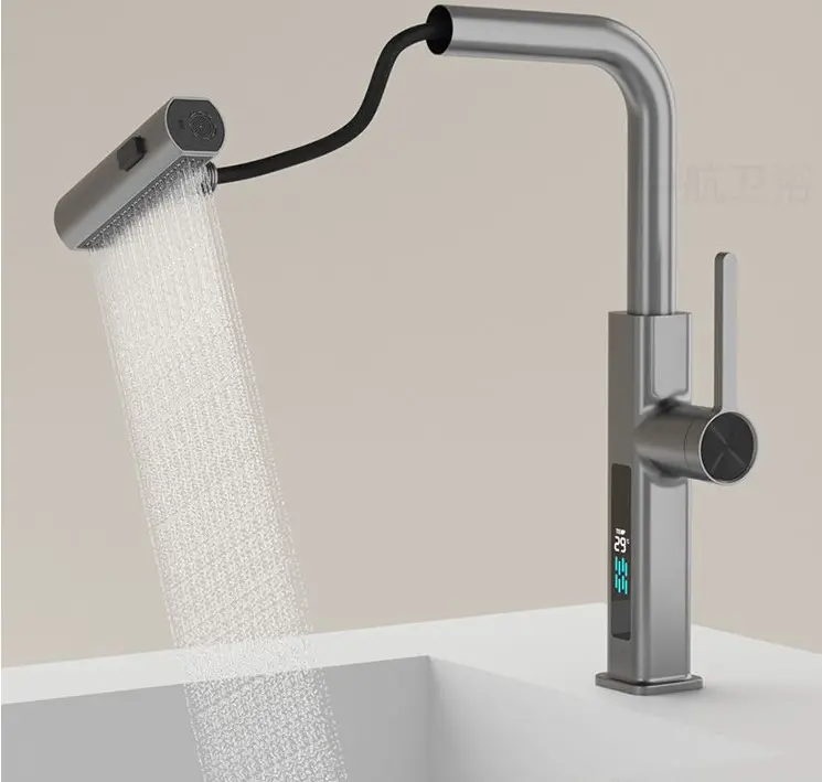 Tarik keluar fly rain air desain baru air terjun dua semprotan baja tahan karat karat tampilan digital keran dapur