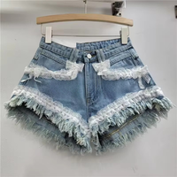 Shorts en jean amples et mignons pour femme, taille haute, avec dentelle, pour l'été – Effet amincissant, longs, décontractés et élégants