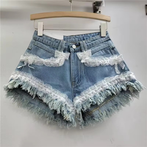 Shorts en jean amples et mignons pour <span class=keywords><strong>femme</strong></span>, taille haute, avec dentelle, pour l'été – Effet amincissant, longs, décontractés et élégants - Product Image 5