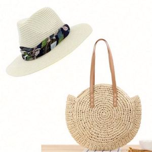 Conjunto de Sombrero Fedora de Paja Redondo con Lazo y Bolso de Paja, Sombreros de Paja Panamá Naturales para el Verano 2021, Sombrero de Playa para Mujer, Modelo KT-2850 - Product Image 2