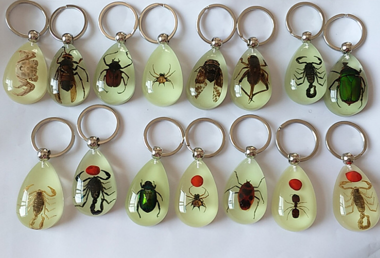 暗い蛍光緑色の樹脂で光るアクリル琥珀色の昆虫ペンダントキーホルダー