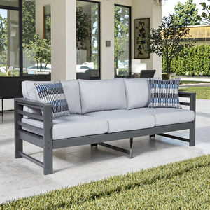 Canapé d'extérieur moderne 3 places en polybois HDPE résistant aux intempéries, anti-rouille, écologique, avec coussins imperméables pour villas - Product Image 1