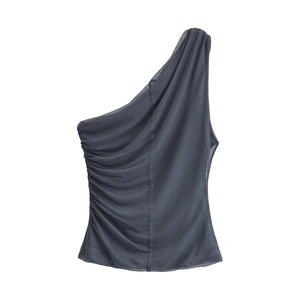 SHENZHU donna 2025 nuove canotte asimmetriche a pieghe alla moda Chic Vintage senza schienale <span class=keywords><strong>spalline</strong></span> <span class=keywords><strong>sottili</strong></span> canottiere femminili - Product Image 3