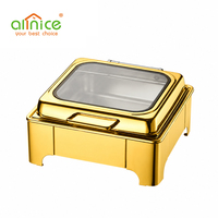 Plat de service de luxe en acier inoxydable doré avec fenêtre, chauffe-plats électriques 9L pour restaurant, buffet et présentation