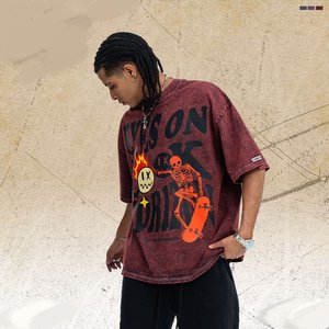T-shirt pour homme surdimensionné en coton 100% imprimé 300G, vintage, lavé, manches courtes, col rond, streetwear - Product Image 2