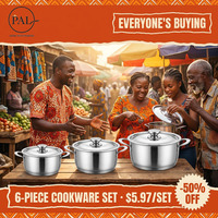 Batterie de cuisine moderne de base en acier inoxydable 6 pièces, comprenant des casseroles lisses de 16, 18 et 20 cm avec couvercles, compatibles induction, légères et écologiques