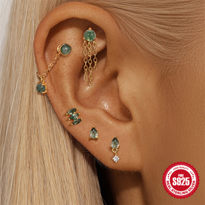 Gaby Piercing Jewelry S925 Sterling Silver Flat Stud <strong>Earrings</strong> Natural Stone Aquatic Agate Ear Bone Nail <strong>Daith</strong> Cartilage <strong>Earring</strong> - Product Image 3