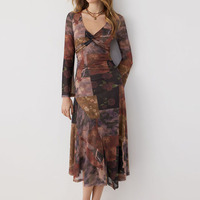 Robe midi en maille à imprimé floral Joydressing, manches longues, col en V, ourlet asymétrique froncé, robe de soirée pour femmes, vente en gros OEM