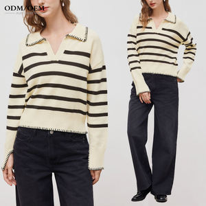 Suéter de Punto para Mujer, Diseño a Rayas, Cuello Golf, Manga Larga, Cuello en V, Estilo Casual y Moderno - Product Image 2