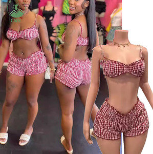 ホットチェック柄プリント2個セットセクシーなクロップトップとルーチドショーツ夏ツーピースショーツセット女性服ファッションバケーション服 - Product Image 1