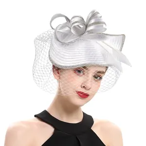 Butik kadınlar zarif Kentucky Derby kilise düğün Fascinator şapka peçe ile, Rhinestone kraliyet Ascot şapkalar