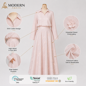 Set Coordinato Rosa Pallido con Ricami Floreali 3D, <span class=keywords><strong>Camicia</strong></span> a Maniche Lunghe e Gonna Lunga per Donna, Moda Modesta, Produttore OEM ODM - Product Image 3