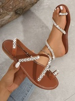 Sandales plates à clip pour femme, tendance printemps-été, pour la plage et l'extérieur, avec perles et bride de cheville, légères, en cuir PU, semelle en caoutchouc