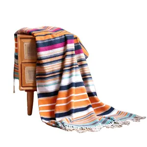 热销墨西哥桌布彩虹色条纹流苏针织毛毯