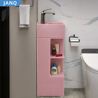 Lavabo sur colonne carré autoportant style influenceur, à bords fins, en pierre artificielle, pour salle de bain minimaliste style hôtel