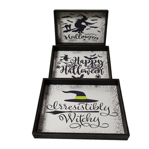 Ensemble de 3 plateaux décoratifs en bois pour Halloween <span class=keywords><strong>Plateau</strong></span> de service pour la décoration intérieure Plateaux de table de style bohème Solution de rangement facile - Product Image 6