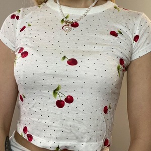 Sweet Style Women's Round Neck T-Shirt Slim Fit Cute <strong>Cherry</strong> Polka Dot Printed Casual Knitted <strong>Top</strong> - Product Image 2