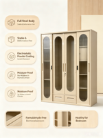 Armoire en acier à 4 portes de grande capacité avec espace de suspension et multiples étagères de rangement