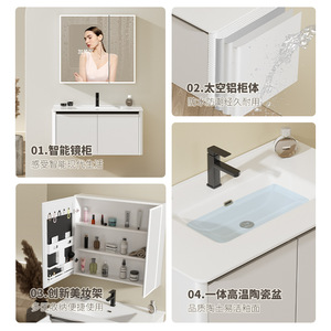 Mueble de Baño de Aluminio Blanco Aivijia con Espejo y Gabinete, Lavabo de Cerámica de una Pieza, Diseño Moderno que Ahorra Espacio - Product Image 1