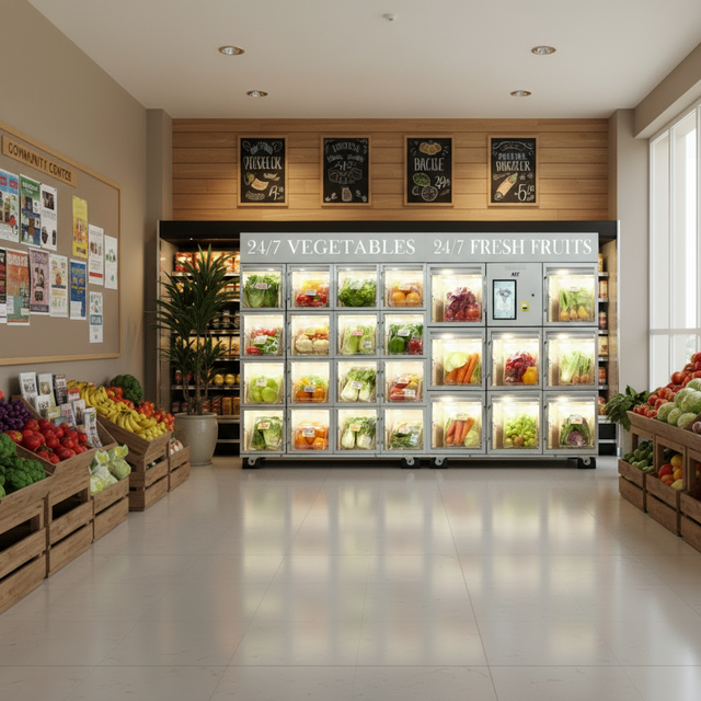 Fresh Fruit Vegetable Grid Cabinet Vending Machine Compressor Cooling Touchscreen Display Multiple Payment