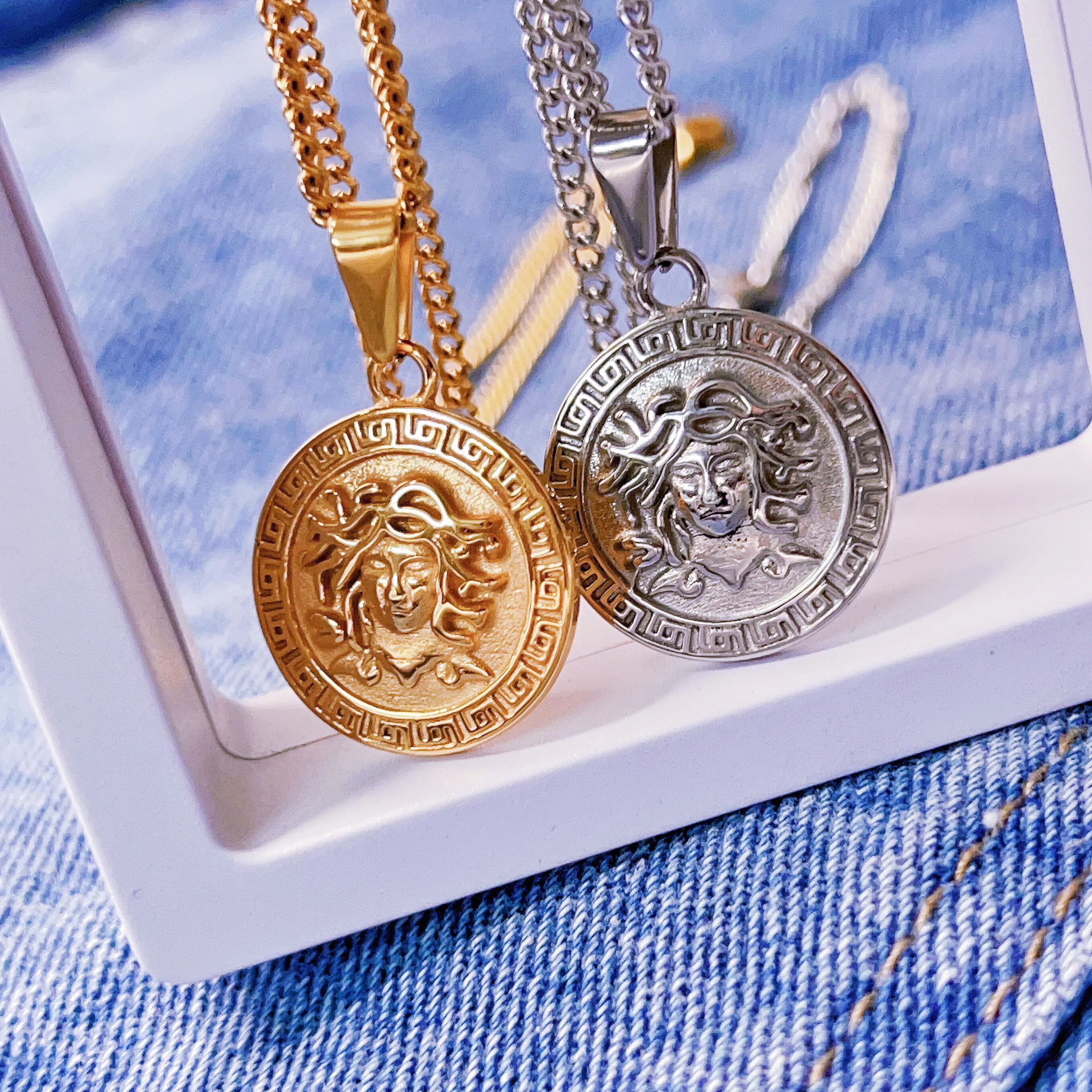 Stainless Steel Compass Pendant Necklace Greek Coin Medusa Charm Necklace Gold 3D Revenge Gun Angel Necklace Punk For Men Women