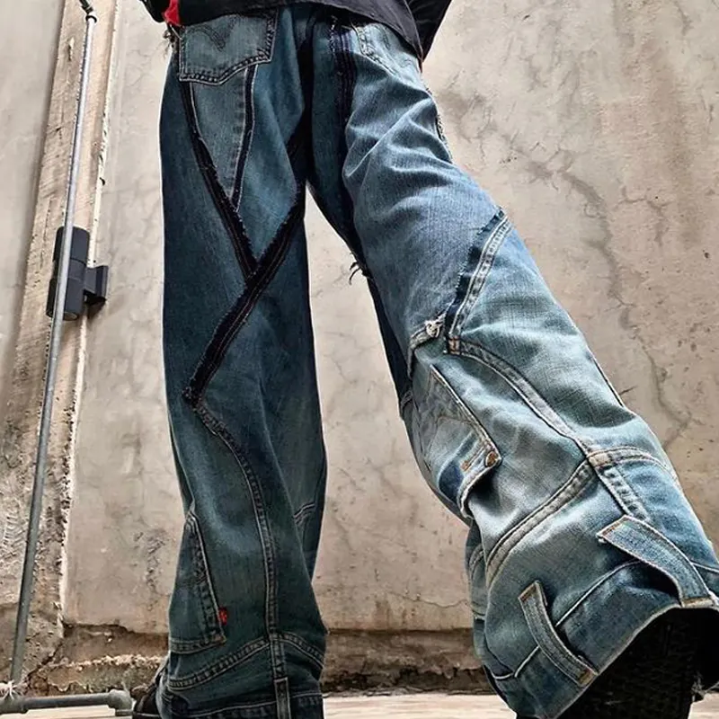 DiZNEW high quality fashion designer man hole damage cowboy cloth loose flared jeans