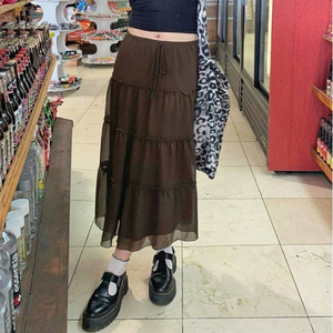 Women's A-Line Chiffon <b>Patchwork</b> <b>Skirt</b> Breathable Pleated Solid Color Mid-Calf Casual High Waist Polyester - Product Image 1