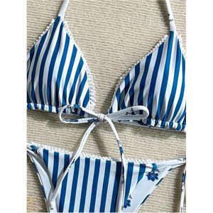 FOXA Women's Two Piece Striped <b>Bikini</b> Set Halter <b>String</b> Thong Reversible Swimwear Spandex Polyester Bathing Suit - Product Image 5