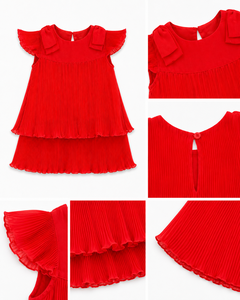 Elegant Baby Girls' Pleated <b>Dress</b> with Tiered Layers, Flutter Sleeves, and Decorative Shoulder Bows for Special Occasions - Product Image 4