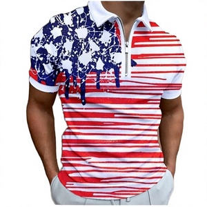 Polo de Manga Corta para Hombre, Rojo, Blanco y Azul, Estampado Digital, con Cierre, Informal, Transpirable, de Punto - Product Image 1